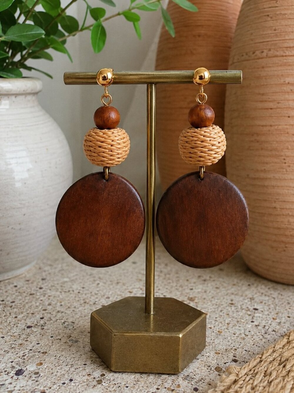 Natural Rattan Wood Disc Dangle Earrings Gold Plated Boho Chic Cottagecore 3.2"